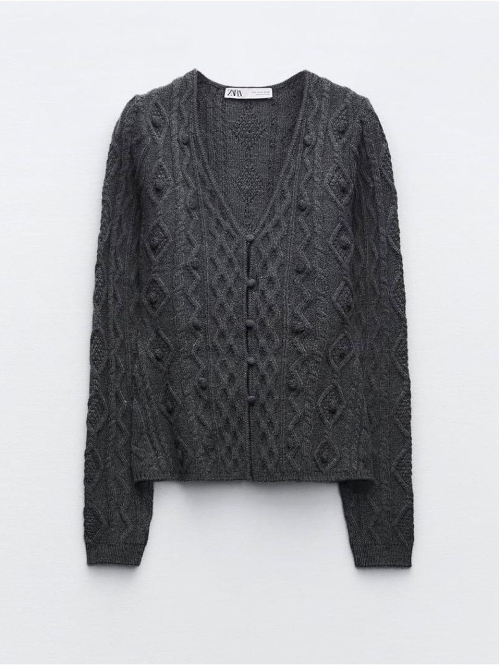 ZARA Grey Cable Knit Wool Blend Cardigan Fitted V-Neck Cozy Chic Size S